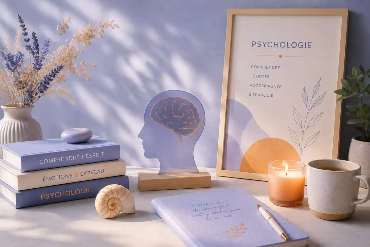 Consultation de psychologie : ouvrages de psychologie, carnet de notes et cadre apaisant du cabinet Théra+ à Chaumont-Gistoux
